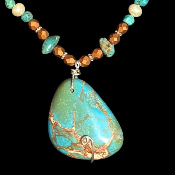Artisan Statement Necklace Turquoise Pendant Southwestern Boho - Picture 4 of 5